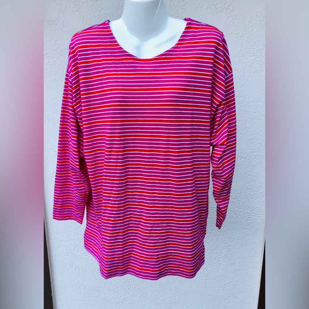 Women Top Long Sleeves Michael Carrie Boat Neck Pink Stripe Tshirt Size L